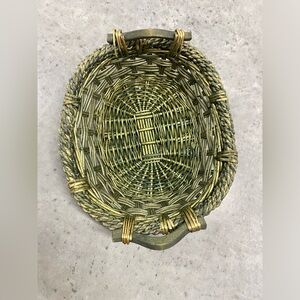 Green Vintage Oval Wicker Basket with Wood Handles 14x16”